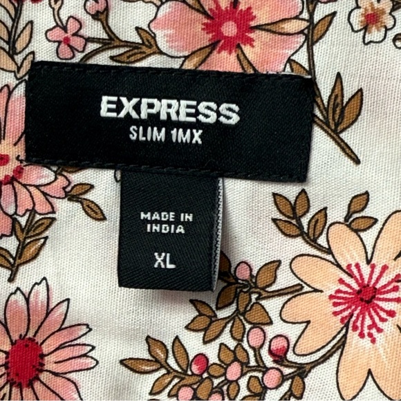 Express Slim 1MX Mens Collared Full Front Button Fitted Dress Shirt White Floral - Picture 2 of 5